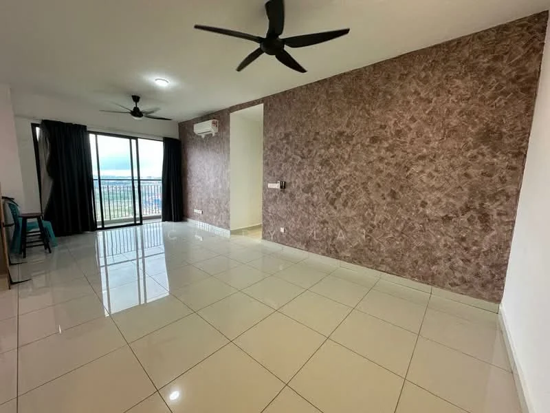 Living features: cream painted walls, textured accent wall in brown, glossy ceramic tile flooring, 2 ceiling fans, floor-to-ceiling windows, blackout curtains, air conditioning unit, open layout, view of the city skyline; style: modern; view: city.