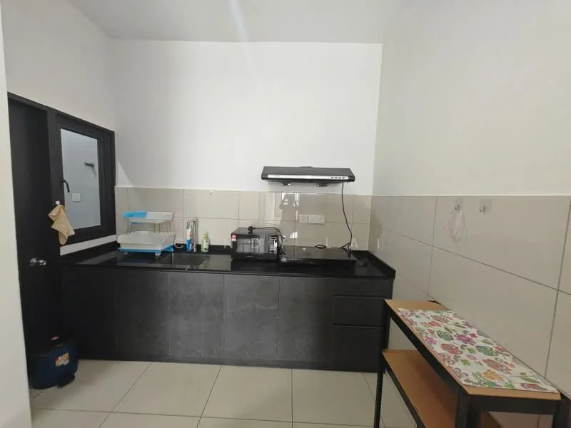 Kitchen features: black cabinetry, black countertop, stainless-steel sink, chrome faucet, built-in stove with hood, tile backsplash, white walls, floor tiles, kitchen table, dish rack, kitchen appliances, window, light fixture; style: modern.
