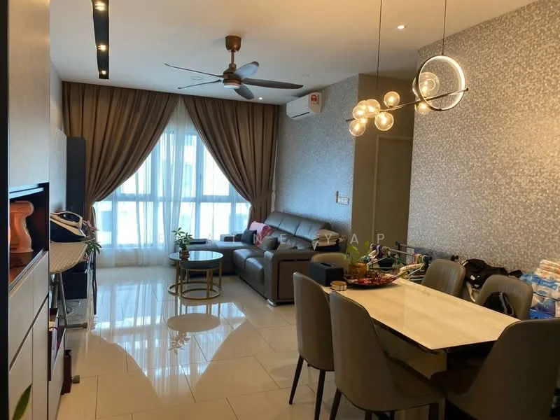 Living features: 3-seater fabric sofa in grey, ceiling fan with light, coffee table, dining table with 6 chairs, floor-to-ceiling windows, curtains, wall-mounted air conditioning unit, decorative wall with textured finish, tile flooring, decorative plants, light fixture with multiple bulbs; style: modern.