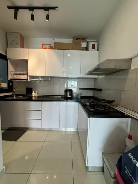 Kitchen features: white glossy cabinetry, black granite countertop, stainless-steel sink, chrome pull-down faucet, built-in oven, freestanding gas range oven, exhaust hood, ceramic tile flooring, recessed LED downlights, open shelving, wall-mounted storage rack, box storage on top cabinets; style: modern.
