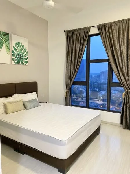 Bedroom features: king-size bed with upholstered headboard, white bedding, floor-to-ceiling windows, grey curtains, light wood flooring, ceiling fan, decorative wall art with leaf patterns, nightstand with decorative items; style: modern; view: city.