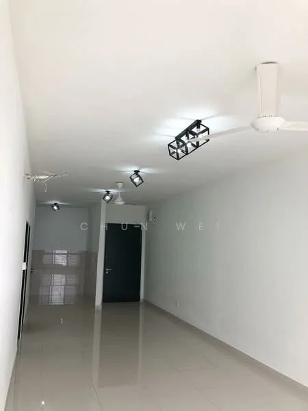 Room features: white painted walls, polished ceramic tile flooring, 5-blade ceiling fan with light, track lighting, door, window, neutral color scheme; style: modern.