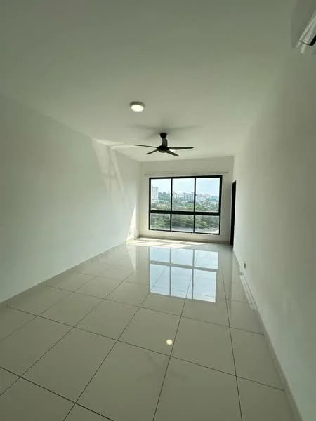 Room features: white painted walls, glossy ceramic tile flooring, 5-blade ceiling fan, floor-to-ceiling windows, city view, natural light, air conditioning unit; style: modern; view: city.
