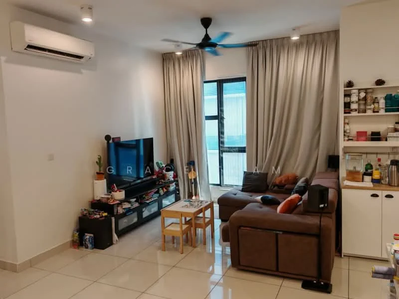 Living features: 3-seater fabric sofa in brown, coffee table, wall-mounted TV, TV console, floor-to-ceiling windows, sheer curtains, wall-mounted split AC, recessed downlights, tile flooring, decorative shelving unit, area rug; style: modern.