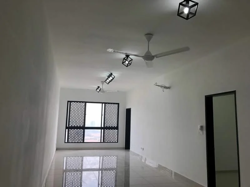 Room features: white painted walls, glossy tile flooring, 5-blade ceiling fan with light, recessed LED downlights, floor-to-ceiling windows, black framed window treatments, minimalist door frames, open layout; style: modern; view: city.