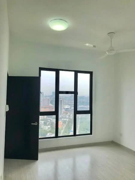 Bedroom features: white painted walls, vinyl plank flooring, 5-blade ceiling fan, floor-to-ceiling windows, city view, black door, recessed ceiling light; style: modern; view: city.