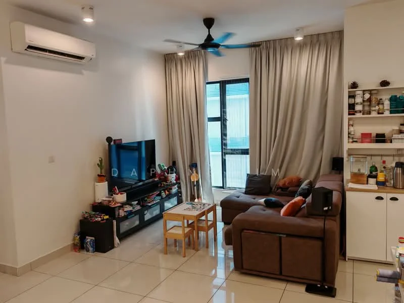 Living features: 3-seater fabric sofa in brown, coffee table, wall-mounted TV, TV console, floor-to-ceiling windows, sheer curtains, 1 wall-mounted split AC, recessed downlights, decorative shelving unit, ceramic tile flooring, area rug; style: modern.