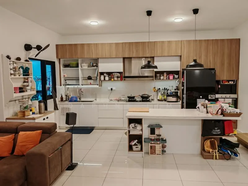 Kitchen features: white cabinetry, wooden upper cabinets, black refrigerator, stainless-steel built-in oven, 4-burner gas hob, white countertop, single-bowl stainless-steel sink, black gooseneck faucet, open shelving, tile backsplash, pendant lighting, white ceramic tile flooring, kitchen island with seating, decorative kitchen items, wall-mounted storage; style: modern.