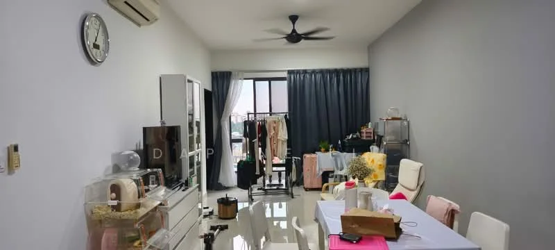 Living features: light grey painted walls, white tiled flooring, 5-blade ceiling fan with light, floor-to-ceiling window, dark grey curtains, white entertainment unit, dining table with chairs, clothing rack, decorative plants, wall clock, open shelving unit, various decorative items; style: modern.