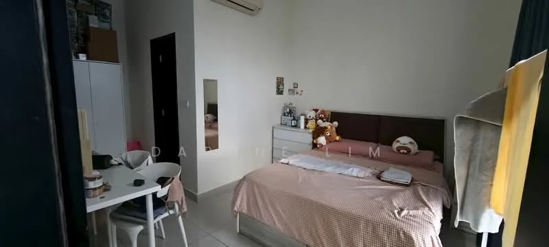 Bedroom features: queen-size bed with beige bedding, upholstered headboard, white walls, tile flooring, 1 wall-mounted split AC, built-in wardrobe, decorative mirror, study desk with chair, stuffed toys on bed, wall-mounted shelves, small bedside table; style: modern.