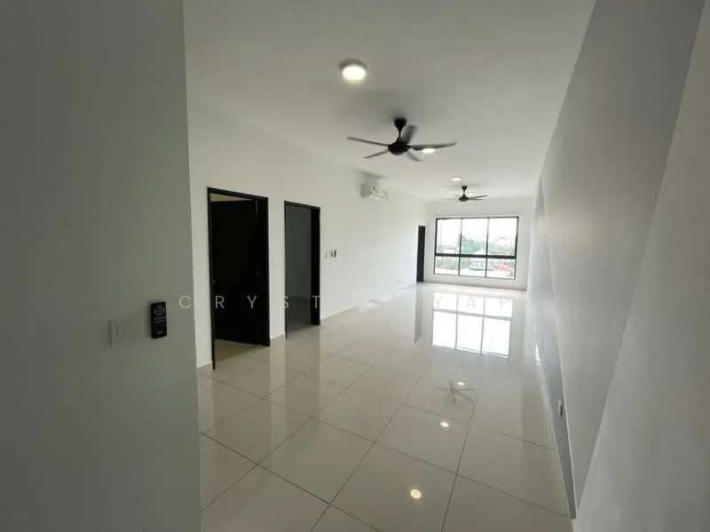 Living features: white painted walls, glossy ceramic tile flooring, 2 ceiling fans, large window with city view, air conditioning unit, recessed lighting, black doors, open layout; style: modern; view: city.