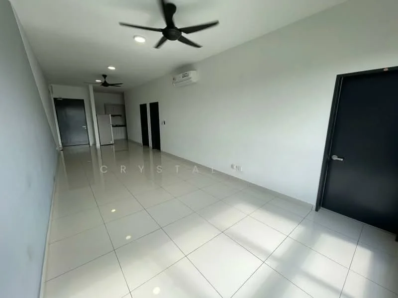 Room features: white painted walls, glossy white tile flooring, 2 ceiling fans, 1 wall-mounted split AC, black door, open layout, natural light from windows, neutral color scheme; style: modern.