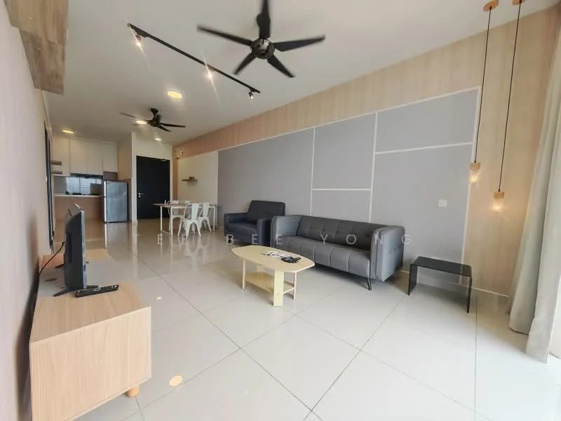 Living features: grey fabric sofa, light grey fabric sofa, wooden coffee table, TV console, wall-mounted TV, 3-blade ceiling fan, recessed LED downlights, white walls, glossy tile flooring, large windows with sheer curtains, decorative pendant lights; style: modern. Kitchen features: white cabinetry, stainless-steel fridge, built-in oven, 4-burner gas hob, white countertop, open-plan layout; style: modern.