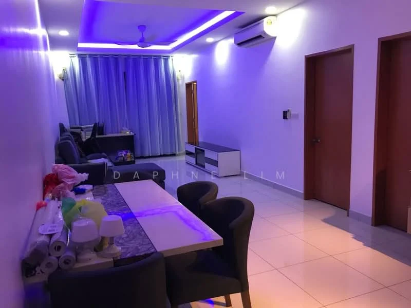 Living features: white painted walls, recessed ceiling with LED strip lighting, ceramic tile flooring, floor-to-ceiling curtains, sofa set, coffee table, TV console, wall-mounted TV, 1 wall-mounted split AC; style: modern.