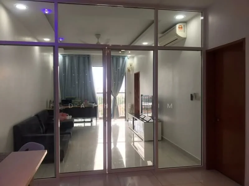Room features: white painted walls, glossy tile flooring, ceiling with recessed downlights, sliding glass door, floor-to-ceiling windows, curtains in grey, air conditioning unit, sofa in dark color, TV console, decorative wall art; style: modern; view: city.