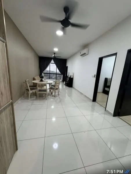 Living features: white painted walls, glossy ceramic tile flooring, 5-blade ceiling fan with light, floor-to-ceiling windows, dark curtains, dining table with four chairs, TV console, wall-mounted TV, air conditioning unit; style: modern; view: city.