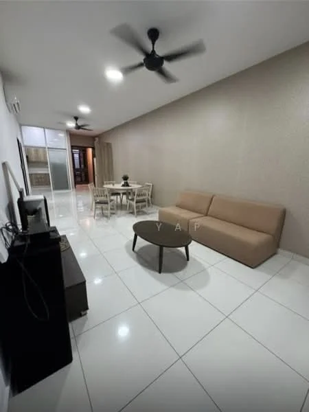 Living features: 3-seater fabric sofa in beige, round coffee table, dining table for 4 with white chairs, white tiled flooring, light beige accent wall, 2 ceiling fans, wall-mounted TV unit, large windows with sheer curtains, recessed ceiling lights; style: modern.