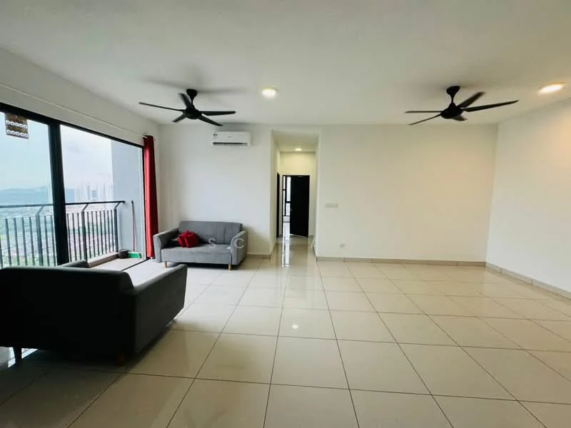 Living features: 2-seater fabric sofa in grey, coffee table, floor-to-ceiling windows, city view, 2 ceiling fans, white painted walls, tile flooring, air conditioning unit, red curtains; style: modern; view: city.