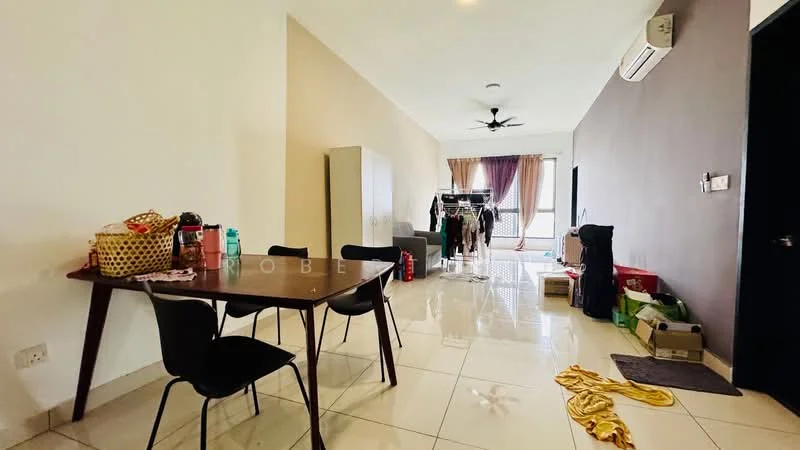 Living features: white painted walls, grey accent wall, glossy tile flooring, 5-blade ceiling fan, floor-to-ceiling windows, sheer curtains, dining table with four black chairs, clothes rack, various storage boxes, decorative items on table, air conditioning unit; style: modern.
