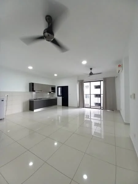 Living features: white painted walls, glossy ceramic tile flooring, 5-blade ceiling fan with light, recessed LED downlights, floor-to-ceiling sliding glass door, curtains, open kitchen layout, kitchen cabinetry in dark finish, stainless-steel refrigerator, kitchen countertop, air conditioning unit; style: modern; view: city.