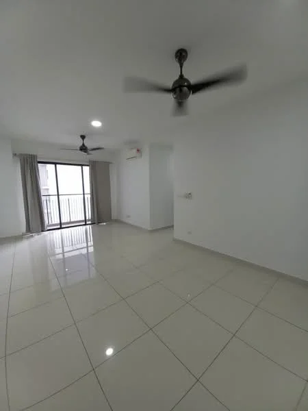 Living features: white painted walls, glossy ceramic tile flooring, 2 ceiling fans, recessed LED downlights, floor-to-ceiling sliding glass door, curtains, air conditioning unit, balcony access; style: modern.