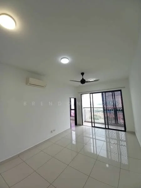 Living features: white painted walls, glossy ceramic tile flooring, recessed LED downlights, 5-blade ceiling fan, wall-mounted split AC, sliding glass door, blackout curtains, balcony view; style: modern; view: city.