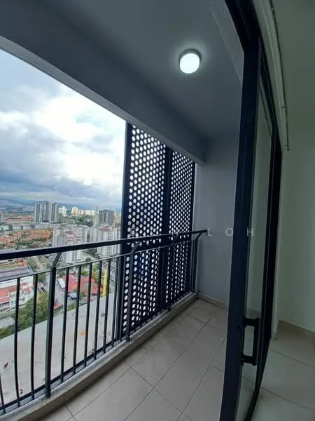 Balcony features: floor-to-ceiling sliding glass door, black metal railing, grey tiled flooring, perforated metal screen, city view, overhead ceiling light; style: modern; view: city.