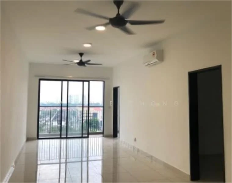 Living features: white painted walls, polished ceramic tile flooring, 2 ceiling fans, 1 wall-mounted split AC, floor-to-ceiling sliding glass door, black framed door, large window with city view, recessed downlights; style: modern; view: city.