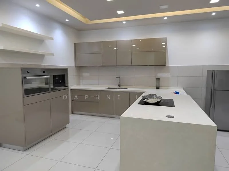 Kitchen features: light grey cabinetry, white quartz countertop, built-in oven, microwave, stainless-steel fridge, single-bowl stainless-steel sink, chrome pull-down faucet, induction cooktop, white tiled backsplash, recessed downlights, open shelving, white tiled flooring, flat-panel cabinet doors, integrated appliances; style: modern.
