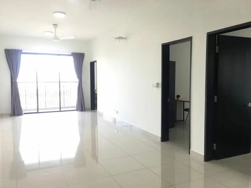 Living features: white painted walls, glossy ceramic tile flooring, 5-blade ceiling fan, floor-to-ceiling windows, sliding glass door, sheer curtains, recessed downlights, neutral color scheme; style: modern. Room features: white painted walls, glossy ceramic tile flooring, door leading to another room.