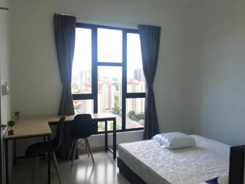 Bedroom features: floor-to-ceiling windows, grey curtains, single bed, mattress on bed frame, study desk, black dining chair, light-colored flooring, city view; style: modern; view: city.