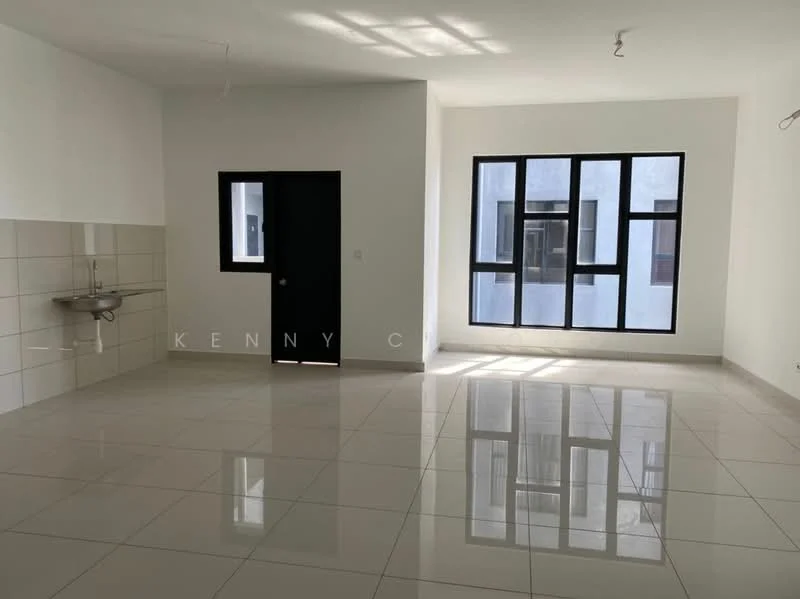 Room features: white painted walls, glossy white floor tiles, large windows with black frames, single-bowl stainless-steel sink, modern light fixtures, open layout, no visible furniture, high ceiling; style: modern.