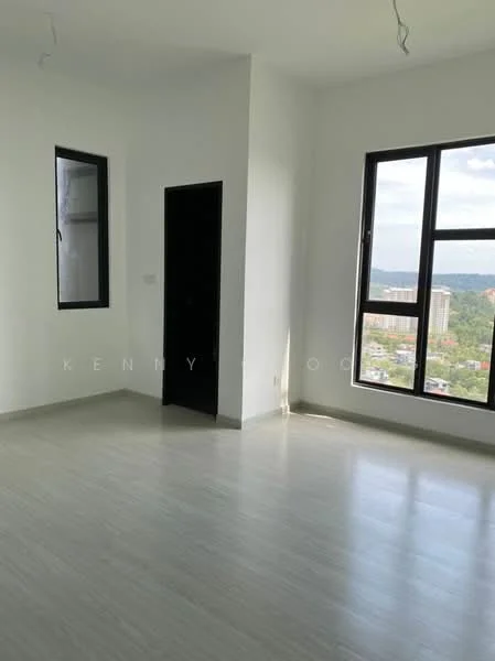 Room features: white painted walls, light grey vinyl flooring, floor-to-ceiling windows, black door, city view, natural light from windows, minimalist design, no visible furniture; style: modern; view: city.