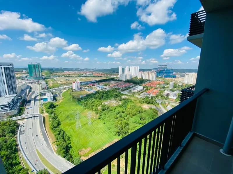 Exterior type: high-rise condominium; features: city skyline view, surrounded by greenery, highway visible, multiple high-rise buildings, open sky, clear weather, urban landscape; style: modern.