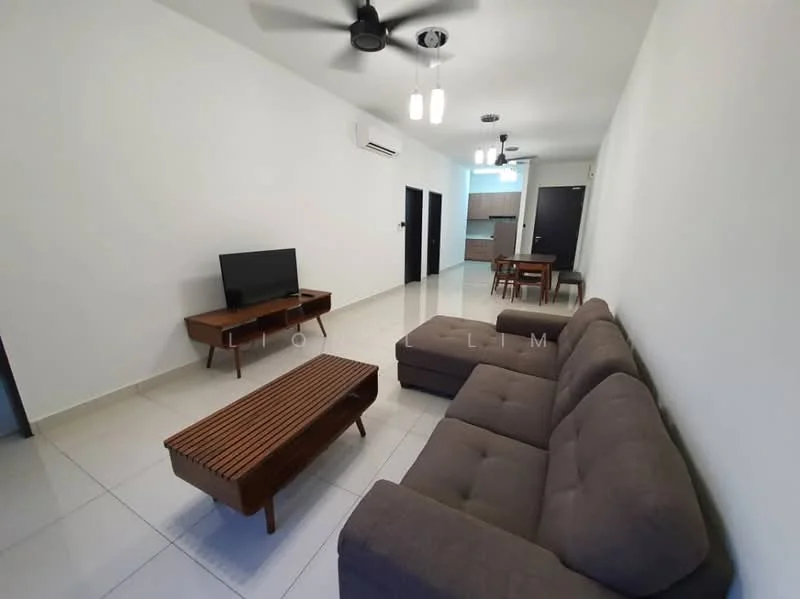 Living features: 3-seater fabric sofa in grey, wooden coffee table, TV console, wall-mounted TV, ceiling fan, recessed downlights, white painted walls, tile flooring, air conditioning unit, dining table with chairs visible in background; style: modern.