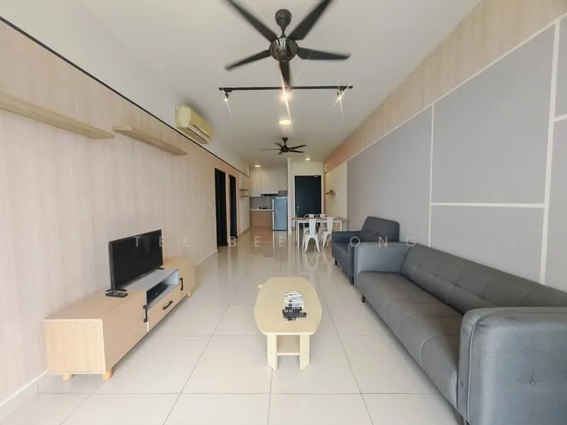 Living features: grey fabric sofa, coffee table, TV console, wall-mounted TV, ceiling fan with light, recessed downlights, white walls, tile flooring, open layout to kitchen, decorative wall paneling; style: modern.