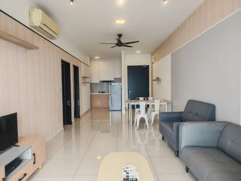 Living features: grey fabric sofa, 2-seater sofa, coffee table, wall-mounted TV, TV console, 5-blade ceiling fan with light, recessed downlights, white walls, tile flooring, open layout to kitchen, dining table with white chairs, air conditioning unit; style: modern. Kitchen features: white cabinetry, stainless-steel sink, built-in oven, freestanding range oven, microwave, countertop, tile backsplash, refrigerator, open layout to living area; style: modern.