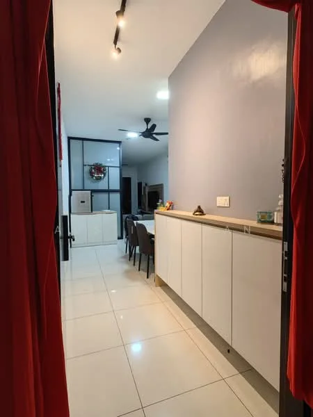 Room features: white painted walls, glossy white tile flooring, recessed downlights, ceiling fan, built-in cabinetry, open space layout, decorative wall art, dining table with chairs; style: modern.