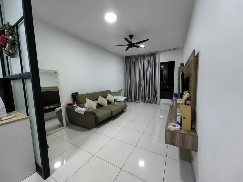 Living features: 3-seater fabric sofa in beige, white walls, glossy white tile flooring, ceiling fan with light, floor-to-ceiling windows, grey curtains, wall-mounted TV, wooden TV console, decorative items on console; style: modern; view: city.