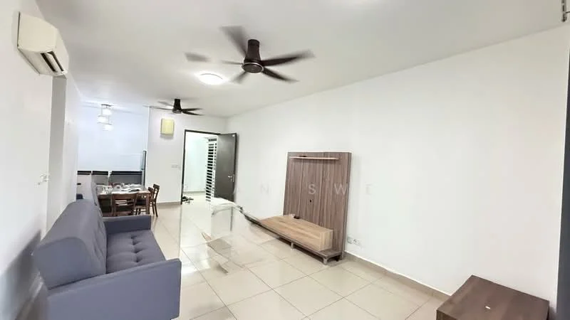 Living features: grey fabric sofa, wooden TV console, ceiling fan with light, wall-mounted air conditioning unit, tile flooring, white painted walls, dining table with chairs visible in background, light fixture on ceiling; style: modern.
