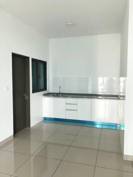 Kitchen features: white cabinetry, stainless-steel countertop, grey tiled backsplash, single-bowl stainless-steel sink, chrome pull-down faucet, built-in kitchen cabinets, tile flooring, recessed ceiling lights, window with black frame, door to adjacent room; style: modern.