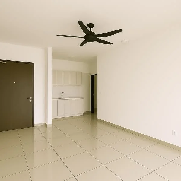 Living features: white painted walls, glossy ceramic tile flooring, 5-blade ceiling fan in black, kitchenette with white cabinets, single-bowl stainless-steel sink, countertop, door leading to hallway, door leading to entrance; style: modern.