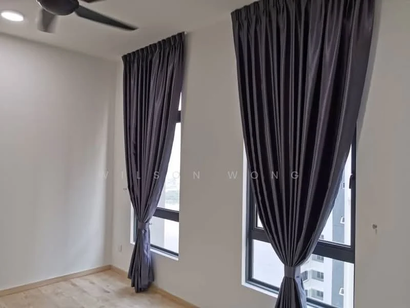 Room features: grey curtains, floor-to-ceiling windows, light wood flooring, 5-blade ceiling fan with light, white painted walls.