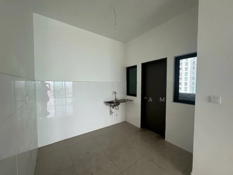 Room features: white painted walls, grey tiled flooring, single-bowl stainless-steel sink, wall-mounted faucet, black door, two windows, no visible cabinetry, no visible appliances, ceiling light fixture; style: modern.
