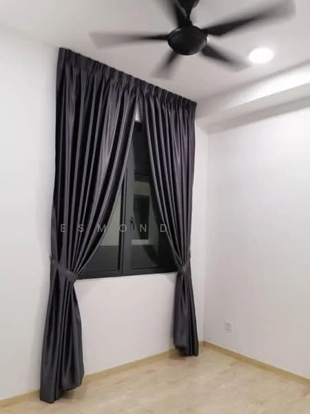 Room features: white painted walls, light wood flooring, black framed window, grey curtains, 5-blade ceiling fan with light, recessed ceiling lights; style: modern.
