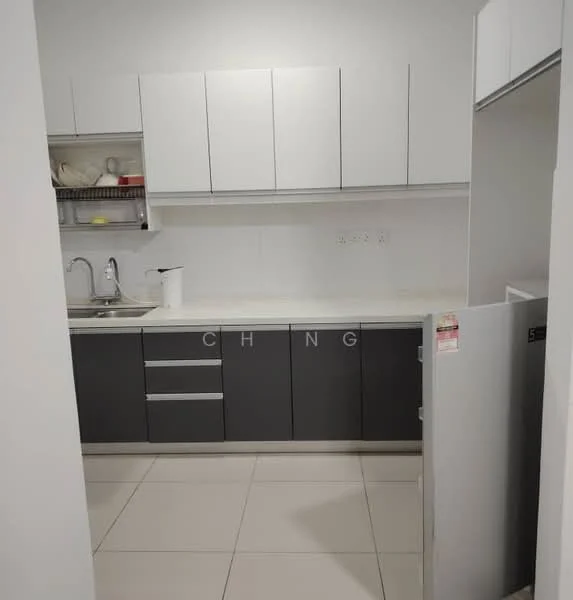 Kitchen features: white upper cabinets, grey lower cabinets, stainless-steel sink, chrome pull-down faucet, white countertop, built-in refrigerator, ceramic tile flooring, open shelving, wall-mounted cabinet, dish rack above sink; style: modern.