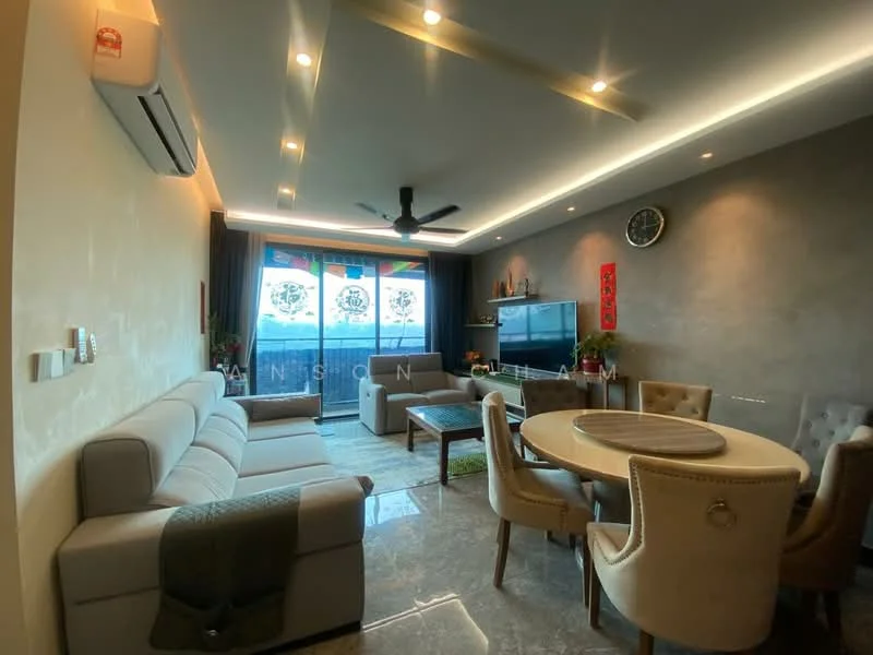 Living features: 3-seater fabric sofa in light grey, ceiling fan with light, wall-mounted TV, TV console, round dining table, upholstered dining chairs, decorative wall clock, recessed LED downlights, grey accent wall, large sliding glass door, sheer curtains, marble tile flooring; style: modern; view: city.