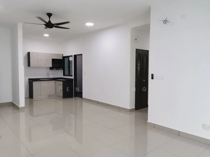 Living features: glossy tile flooring, white painted walls, ceiling fan, recessed downlights, open-plan layout, kitchen area with cabinetry, black countertop, built-in oven, microwave, sliding glass door, door to hallway, window with view to hallway; style: modern.