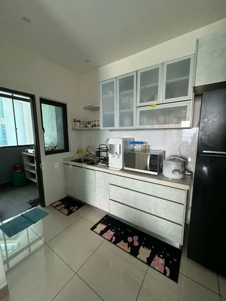 Kitchen features: white cabinets with glass fronts, grey countertop, stainless-steel sink, chrome pull-down faucet, built-in microwave, freestanding refrigerator, ceramic tile flooring, wall-mounted shelves, kitchen mats with cat design, window with natural light, black countertop appliances, open shelving, tile backsplash; style: modern.