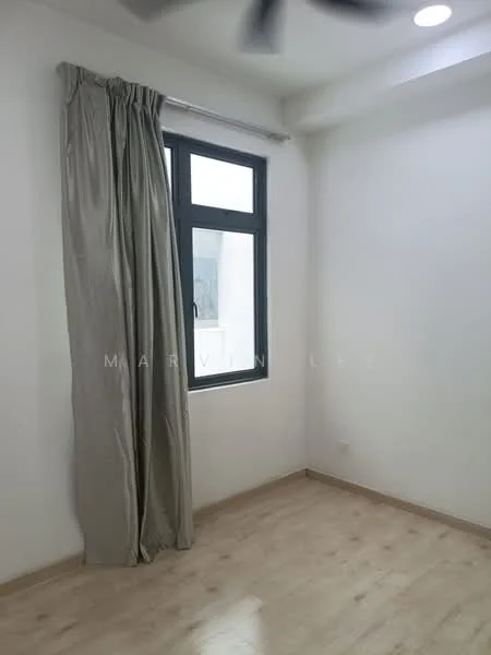 Room features: white painted walls, light wood flooring, floor-to-ceiling window, grey curtain, recessed downlights, ceiling fan; style: modern.